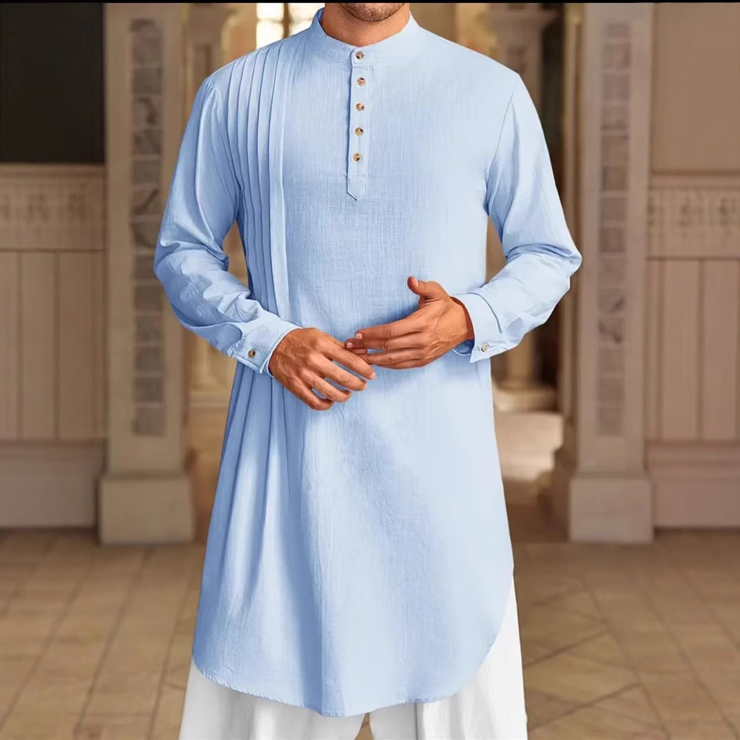 Nouvelle chemise musulmane d'été 2026 pour hommes, style Moyen-Orient, Arabie, Malaisie, en coton et lin, à boutons, robe musulmane, hauts traditionnels à manches longues