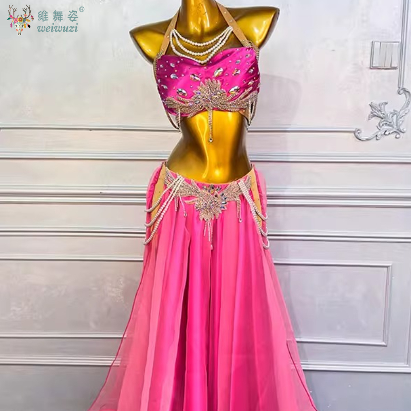 Ensemble de costumes de danse du ventre, personnalisation de luxe, soutien-gorge en diamant + jupe longue fendue Sexy, vêtements de Performance professionnelle orientale, 2 pièces