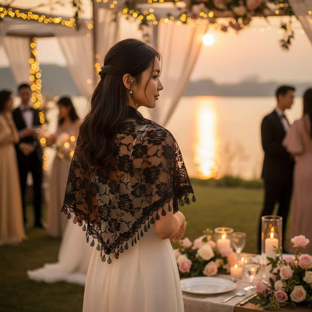 Foulard triangulaire en dentelle brodée de roses avec franges, châle pour mariage, couvre-chef de mariée, accessoire pour robe de soirée ou cheongsam