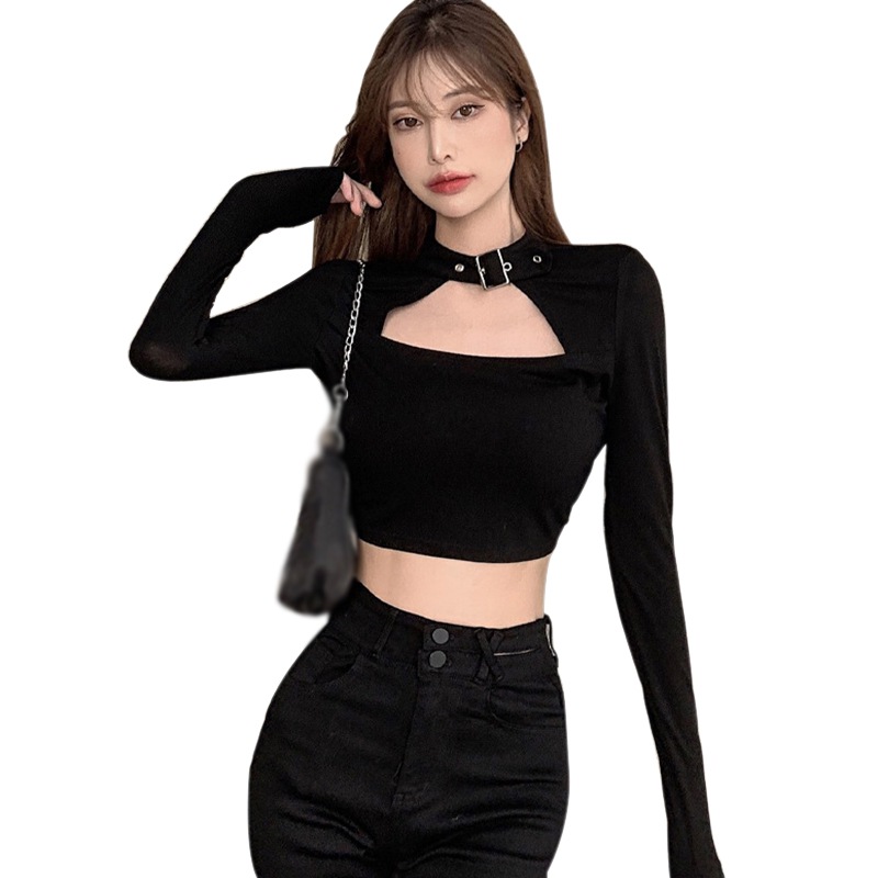 Automne Sexy femmes t-shirt licou boucle cou chemises à manches longues haut court Streetwear basique t-shirt dames t-shirts serrés chemises
