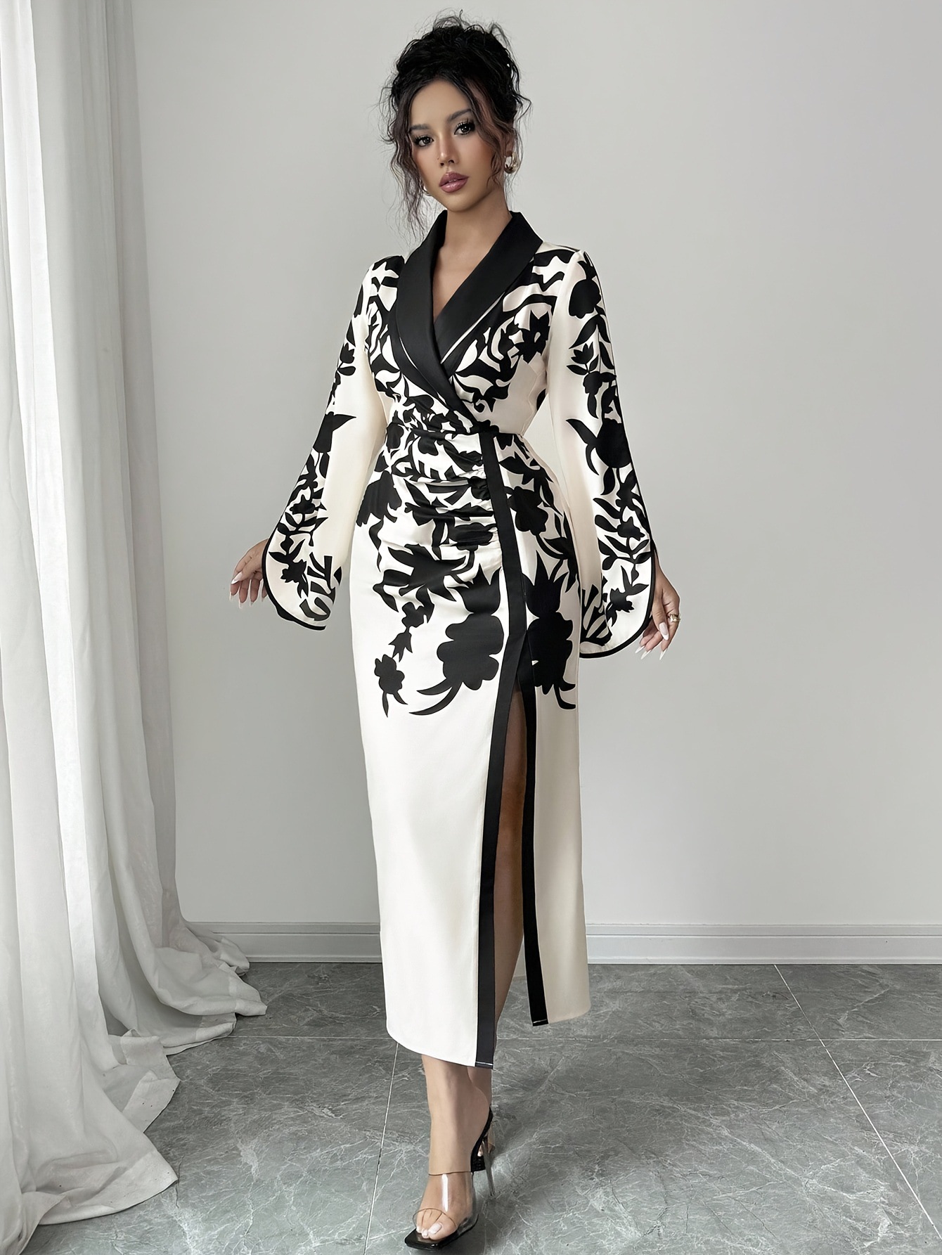 Robe d'automne femmes fleur florale élégante mode taille mince dames robes fendu Sexy moulante femme robe mi-longue