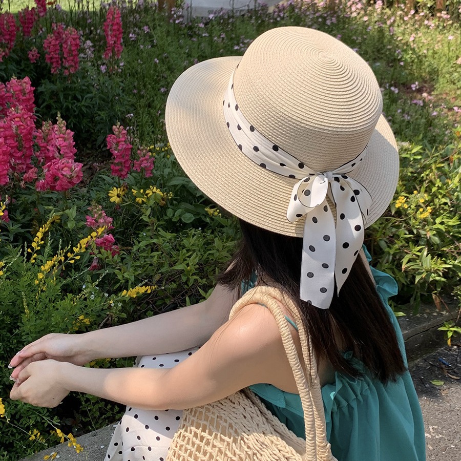 Chapeau de soleil d'été pour femme, en paille tressée, à large bord, avec nœud en ruban, idéal pour les vacances, style Panama