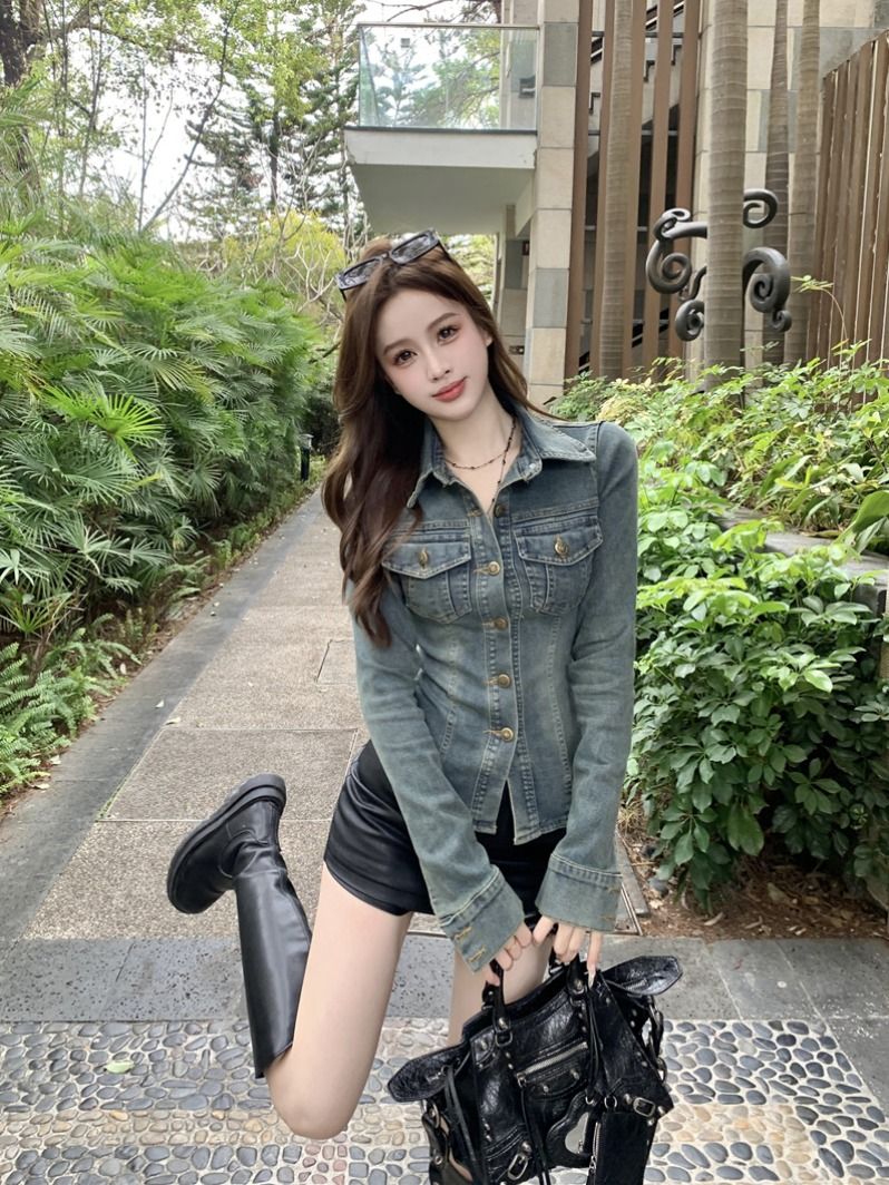 Femmes Denim Blouse Vintage nouveau printemps plein coton à lacets solide veste décontractée jean femmes Style de rue Style euro-américain