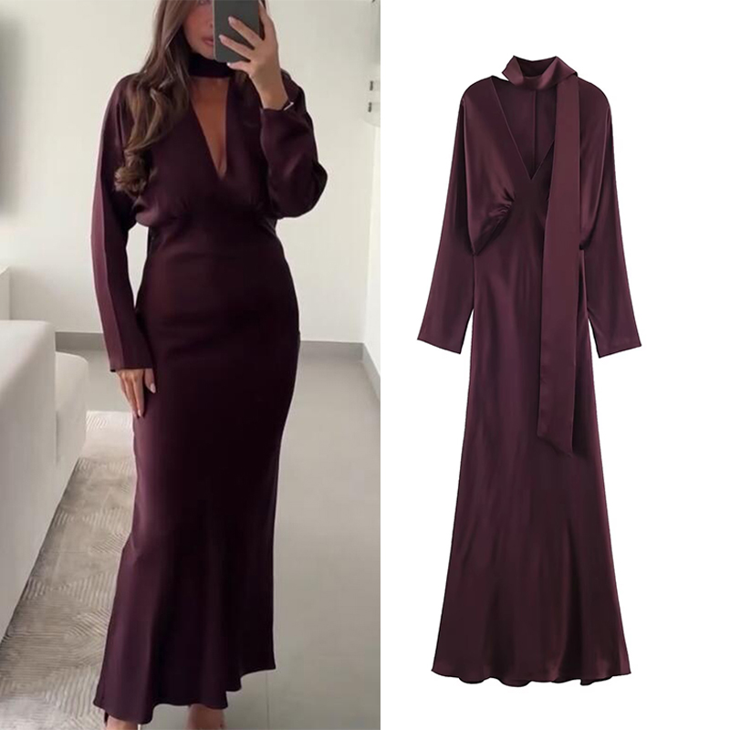 2025 nouvelles femmes mode Satin col en V robe robes longues avec écharpe Chic robes élégantes femmes à manches longues tenue décontractée