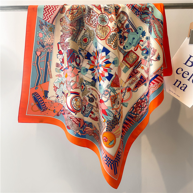 Foulard de luxe en Imitation soie pour femmes, écharpe carrée en Satin imprimé Colorblock, châle en sergé, Hijab
