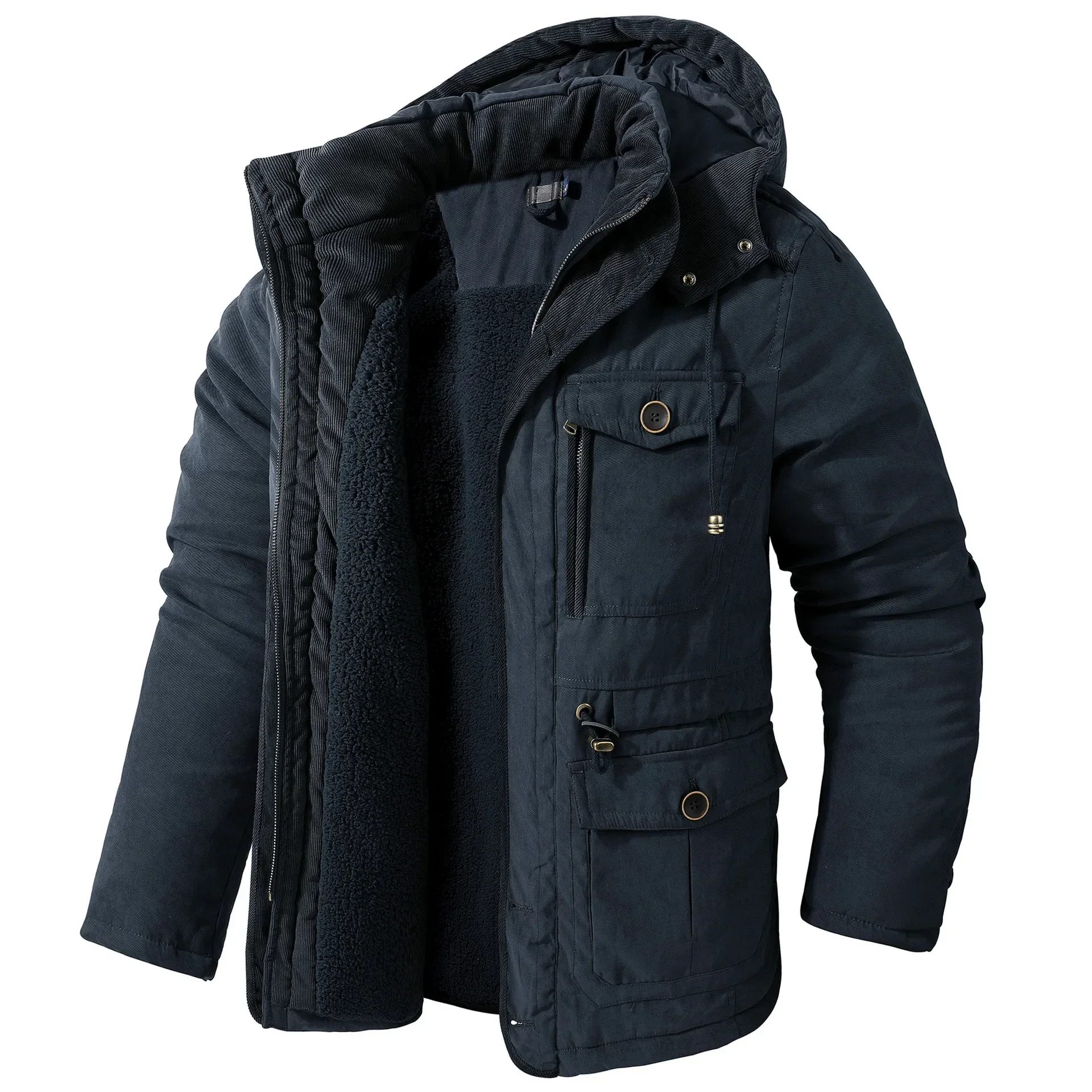 Veste pour hommes manteaux d'hiver taille américaine grande taille vestes en polaire d'agneau à capuche coton épaissi Multi poche décontracté manteau mi-long