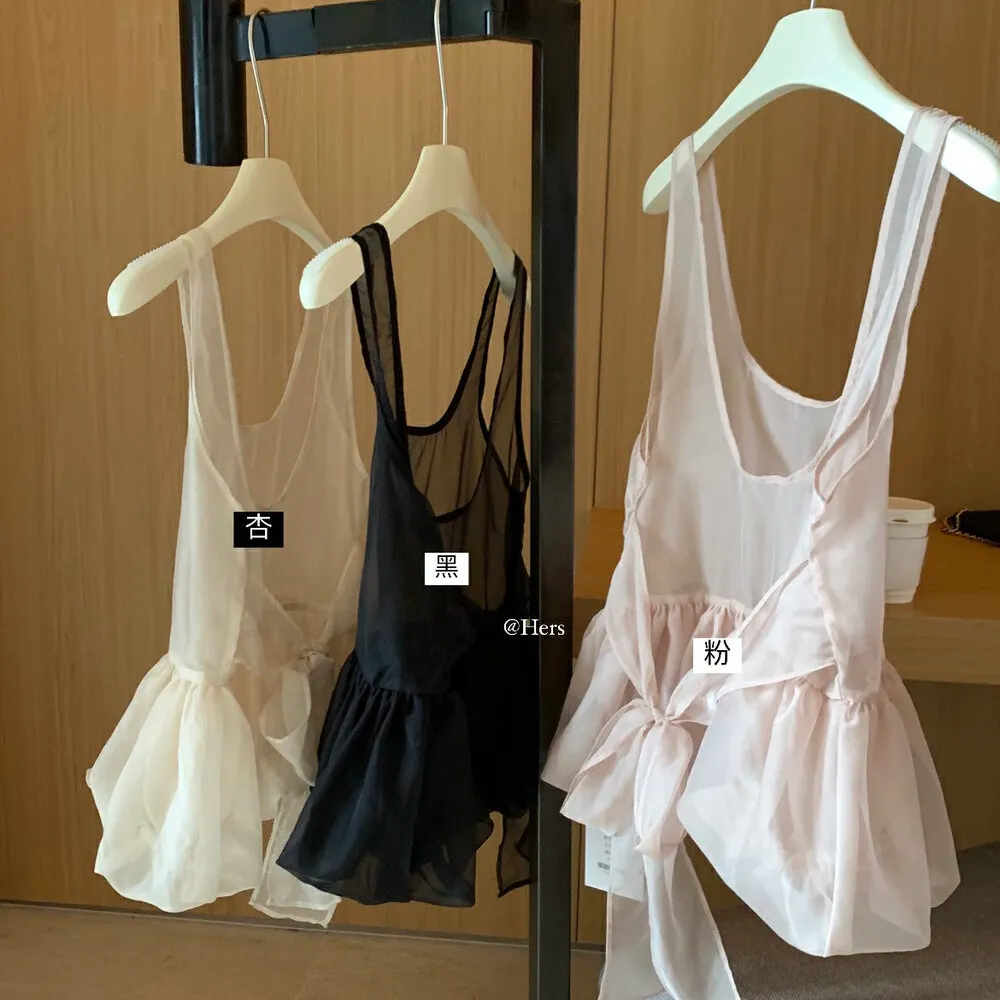 Nouveau débardeur style français à lacets, polyvalent, en maille, coupe ajustée, décontracté, élégant, avec effet froncé, pour superposition féerique