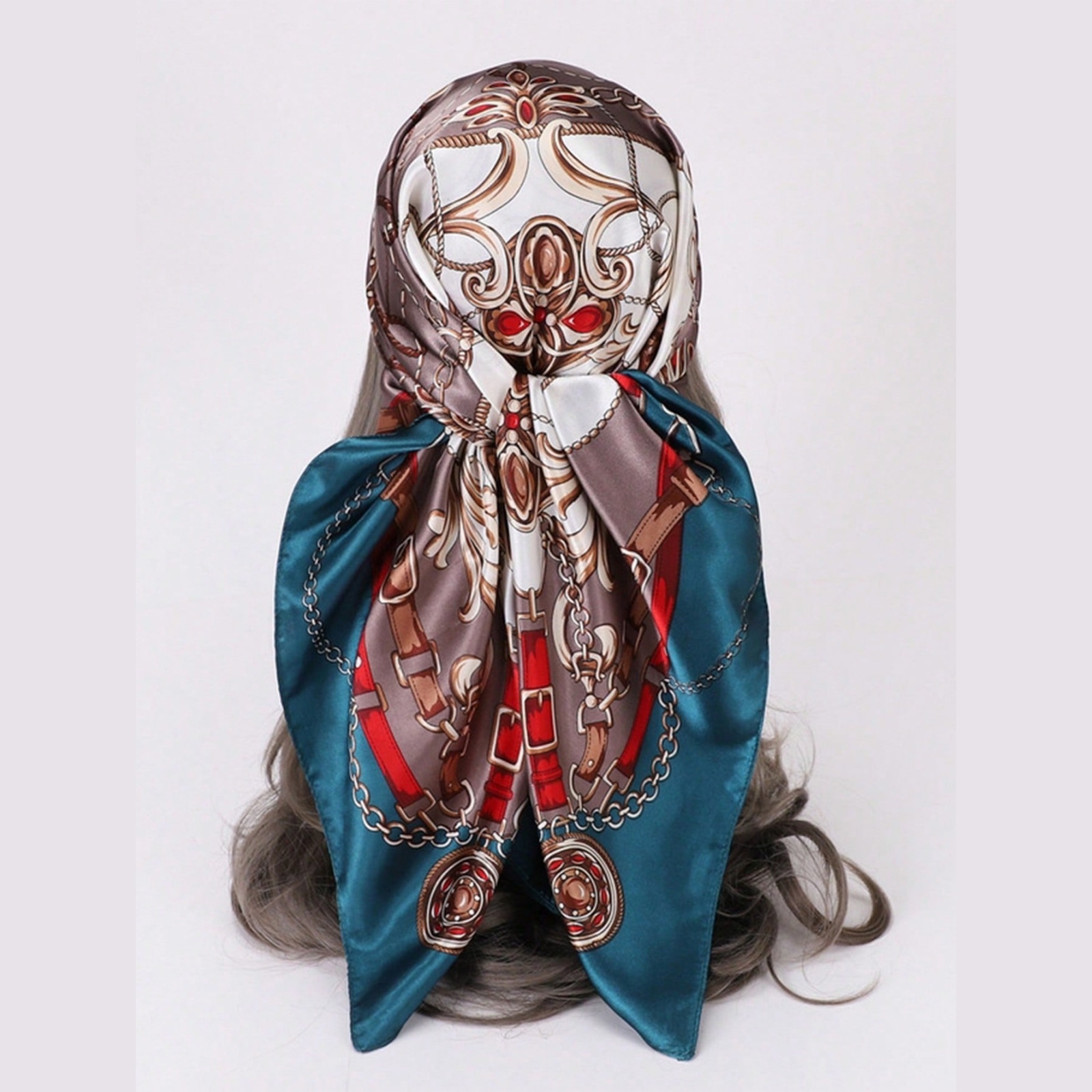 Foulard en soie rose pour cheveux, foulard en Satin élégant à motif de chaîne Vintage, grand foulard carré pour femmes, cheveux élégants
