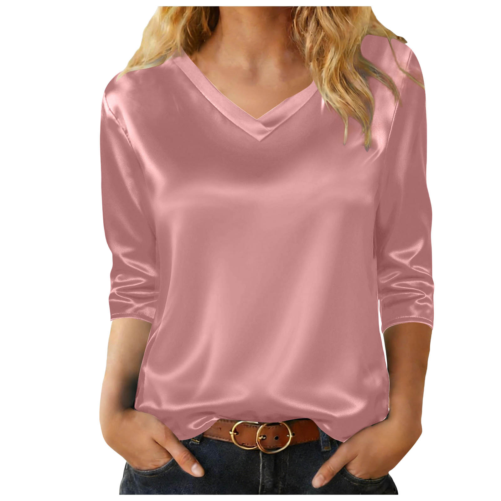 Chemise en satin de soie pour femmes, élégante et décontractée, col en V, manches 3/4, tunique, hauts unis, chemises de travail pour femmes de bureau, chemises décontractées pour le travail