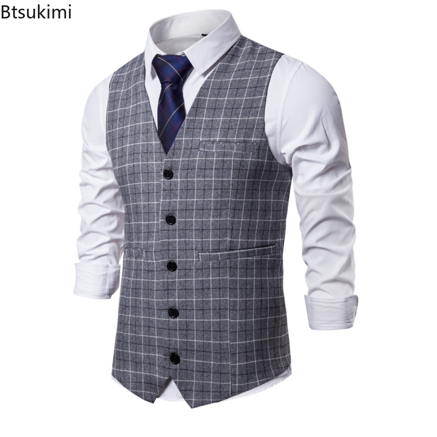 Gilet de Costume Tendance 2026 pour Hommes – Gilet Habillé Slim à Carreaux, Col V Vintage, Sans Manches, Idéal pour Mariage, Fête, Cérémonie – Gilet Formel pour Gentlemen