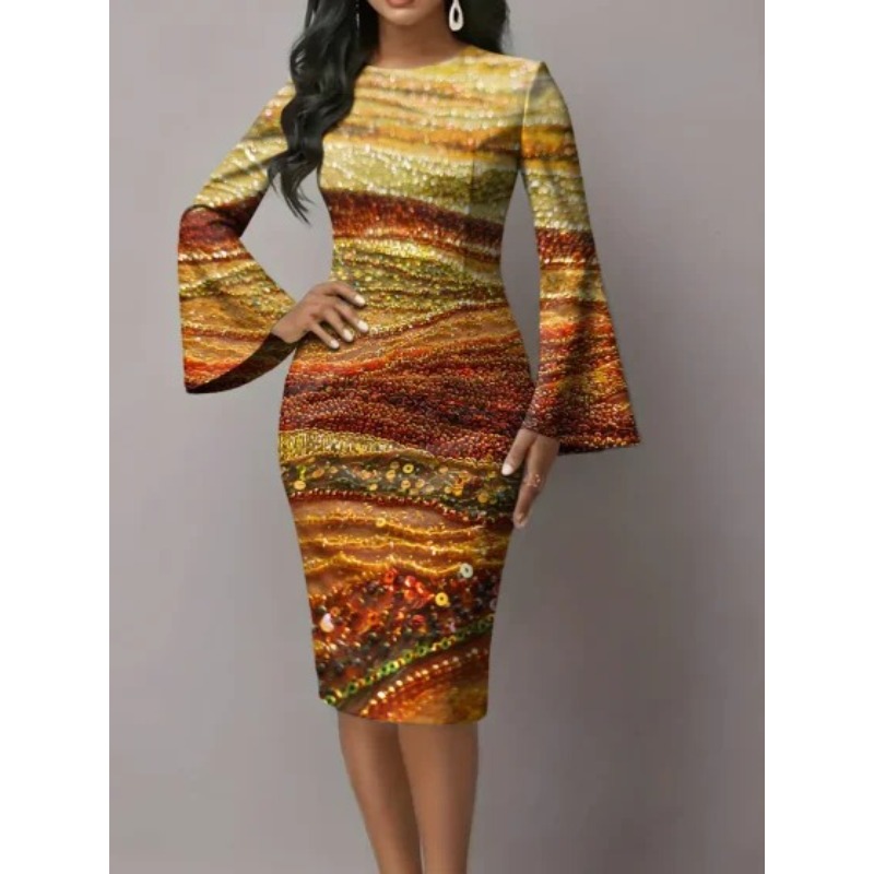 Robe moulante élégante pour femme, motif géométrique turquoise, manches longues, robe midi avec poignets évasés, coupe ajustée, robe de cocktail, robe de dîner