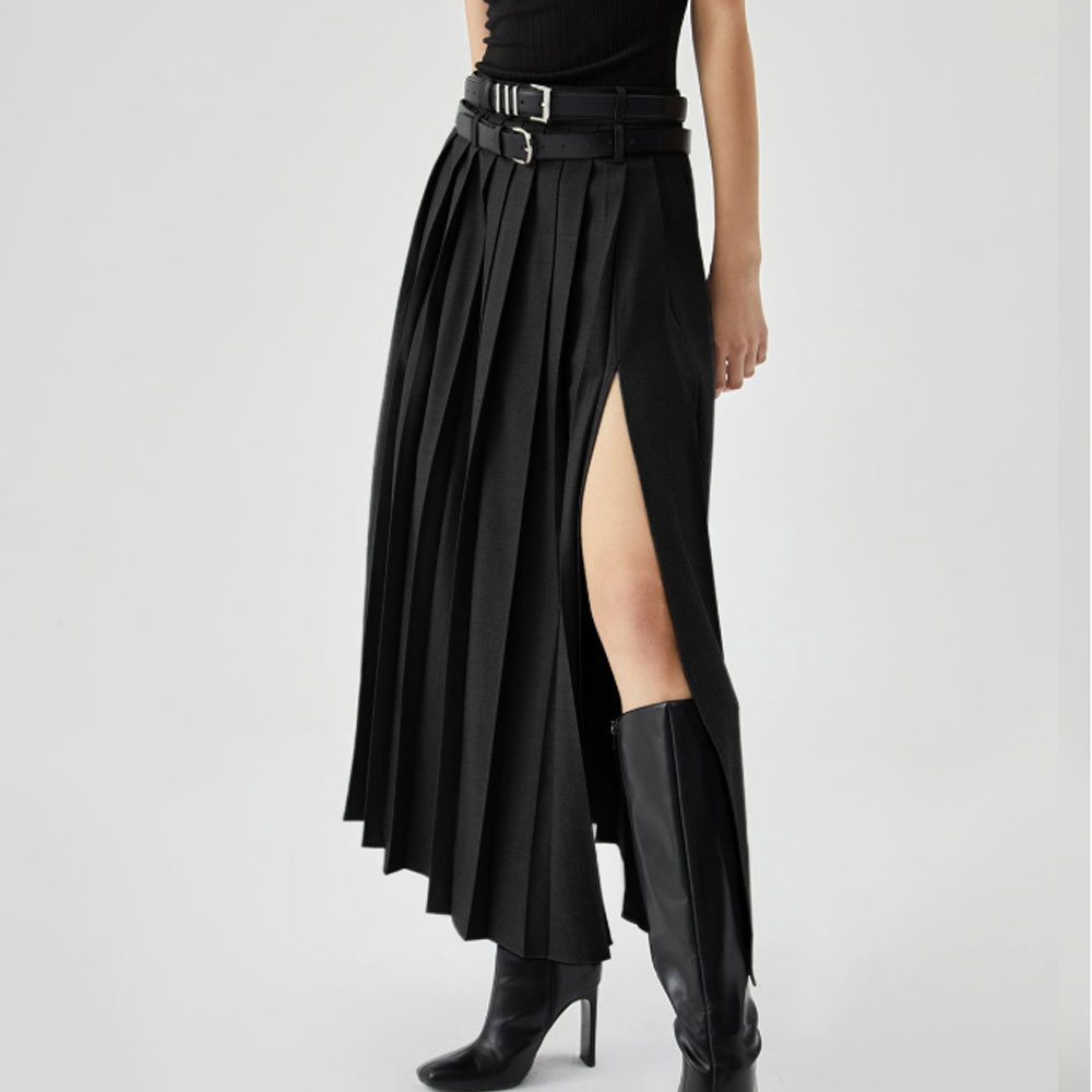 Jupe longue plissée noire à fente latérale pour femme, taille haute, sexy, été automne, Saia Feminina