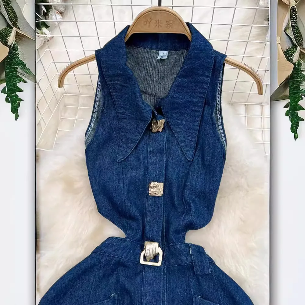 Robe en jean évidée à col rabattu pour femmes, robes longues en denim, taille haute, mince, simple boutonnage, éducatif, club de fête