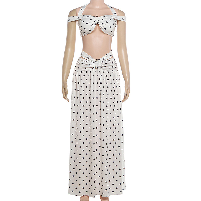 Ensemble 2 pièces de maillot de bain pour femme : haut court et jupe longue, motif rayé ajouré, tenue de plage sexy