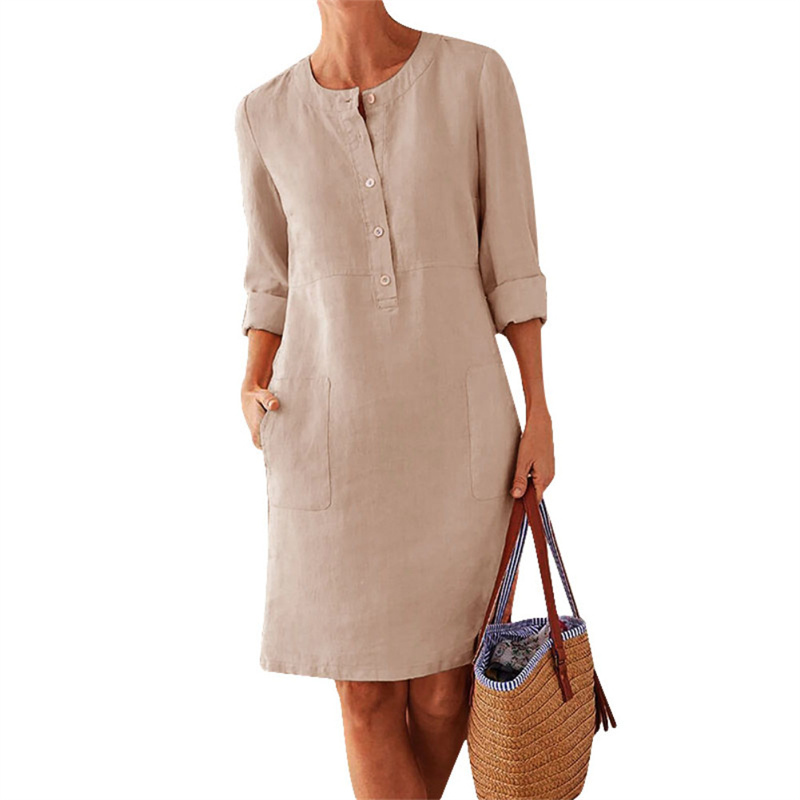 Femmes confortable décontracté coton lin robes 2025 automne couleur unie poches latérales robe femme O cou pull à manches longues robe