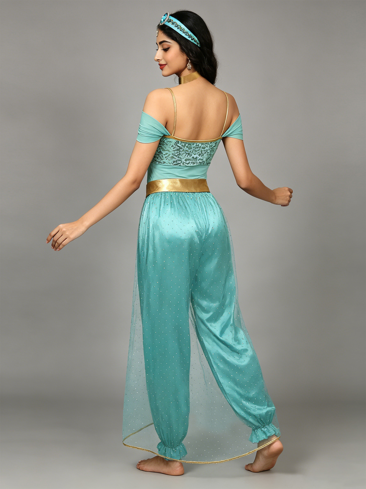 Costume de danse du ventre pour femme, tenue de princesse arabe, bandeau orné de pierres, combinaison à sequins, collier ras du cou métallique brillant, déguisement
