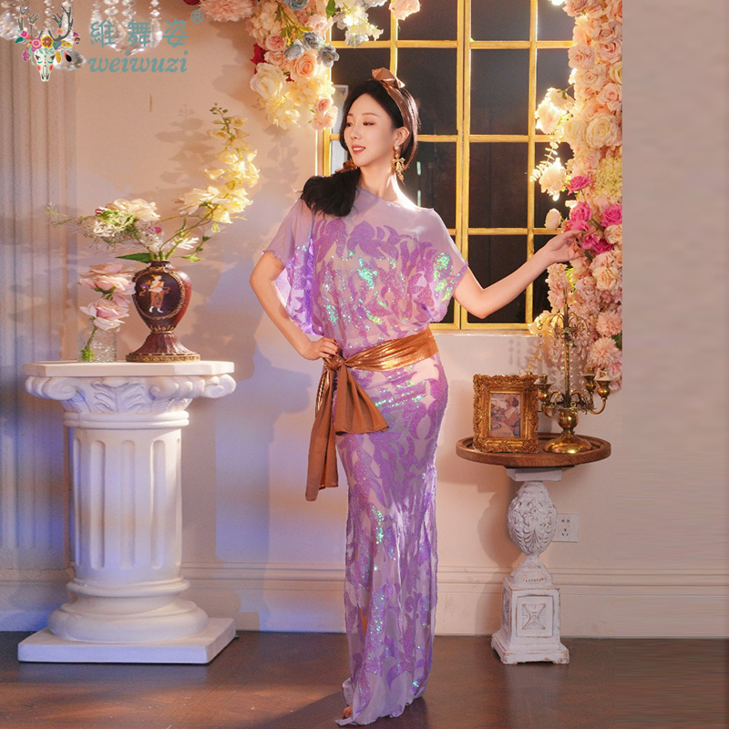 Robe de danse orientale pour femmes, costume de scène Shaabi Baladi Saidi, robe à paillettes + foulard + harnais de danse orientale