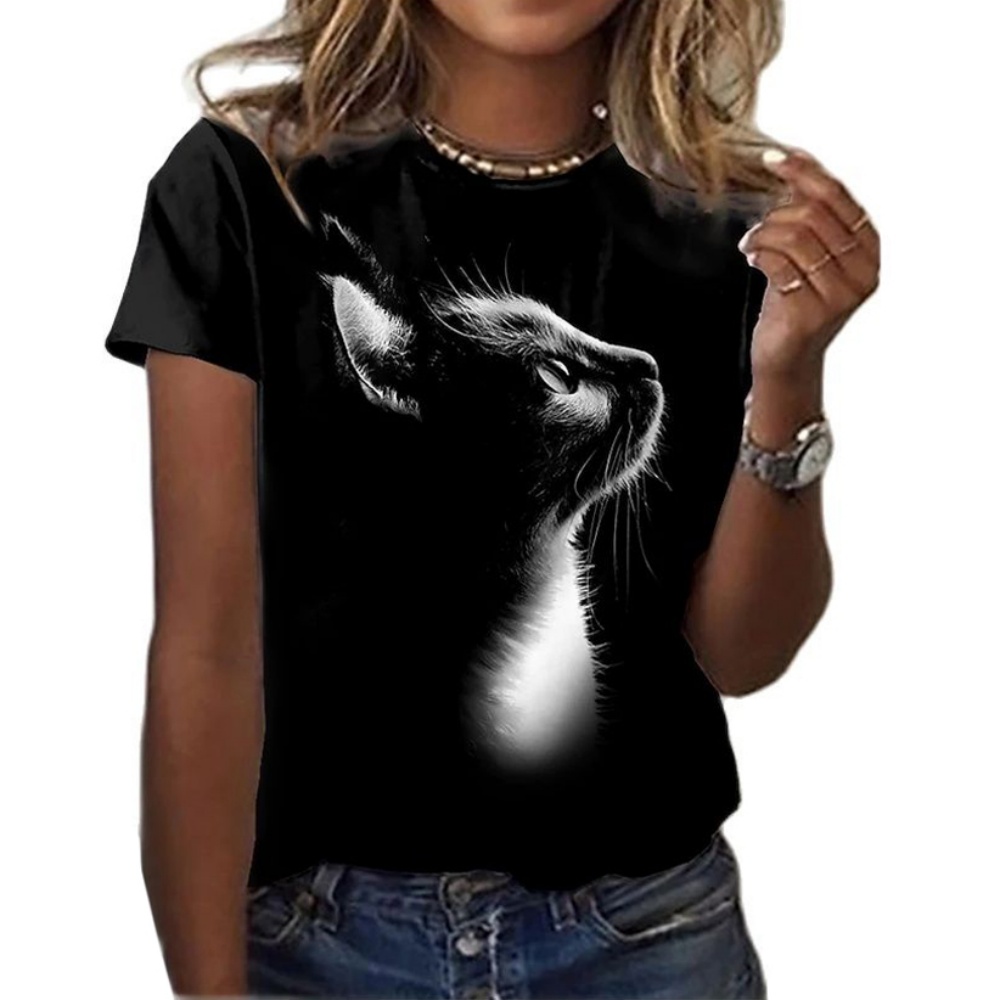 Mode femmes t-shirt chemisier à manches courtes T-Shirts Vintage Y2k Harajuku 3D chat impression vêtements noir Kawaii T-Shirts pour les femmes 2025