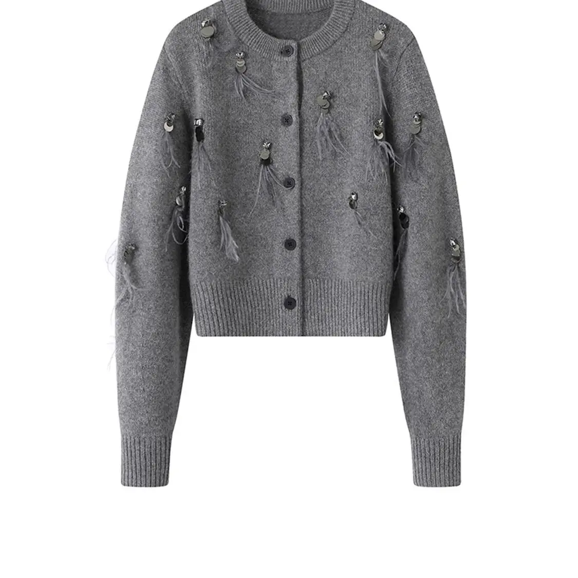 Manteau à manches longues avec pompons en plumes pour femmes, pull haut de gamme, noir, gris, tout cardigan vintage, automne, hiver