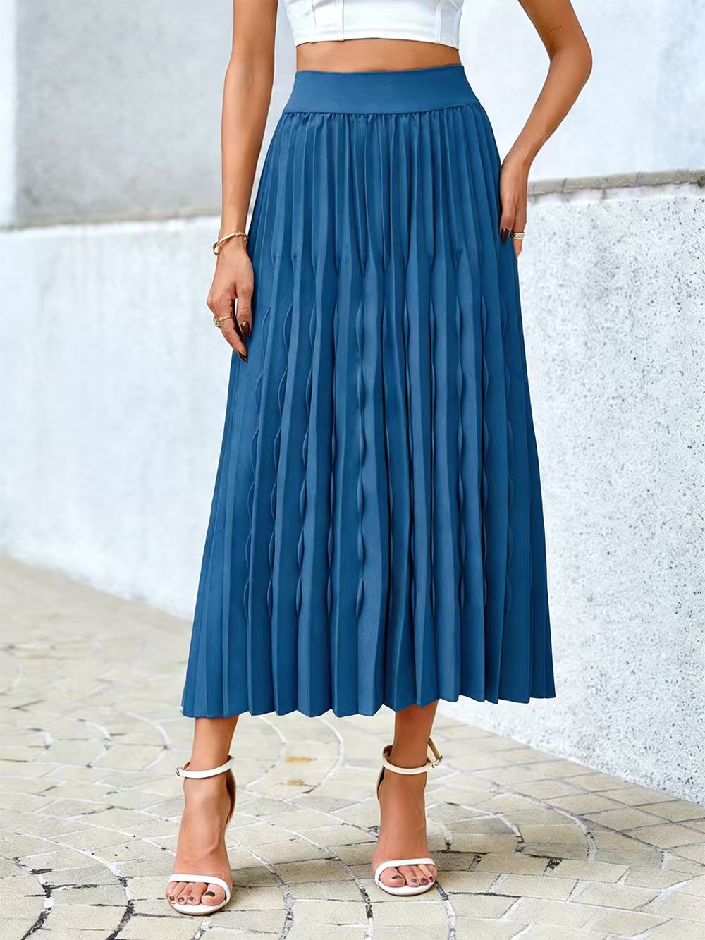 Jupe plissée bleue pour femmes, jupe mi-longue décontractée pour les vacances, pour dames