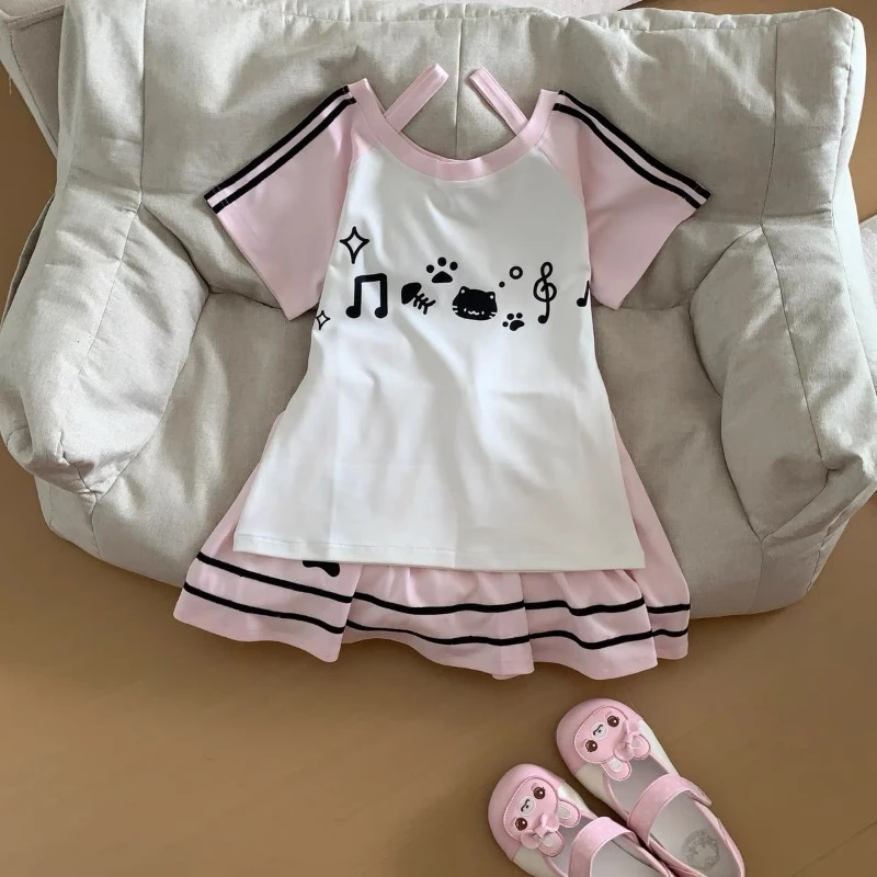 Ensemble 2 pièces de Style sous-culture japonais Kawaii pour femmes, haut à manches courtes imprimé chat mignon, Mini jupe trapèze, tenue d'été Lolita douce