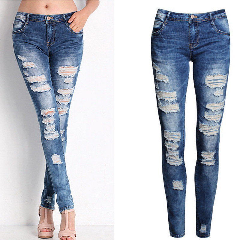 Femmes jean bleu mince déchiré jean pour femmes maigre en détresse lavé Stretch Denim maman jean taille haute pantalon Femme blanchi