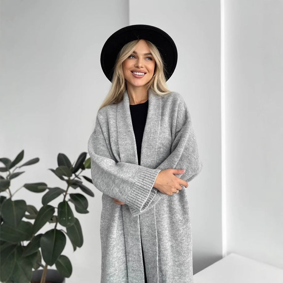 Cardigan en laine pour femmes, veste ample, tempérament rétro, élégant, couleur unie, sans col, tricoté, manches longues