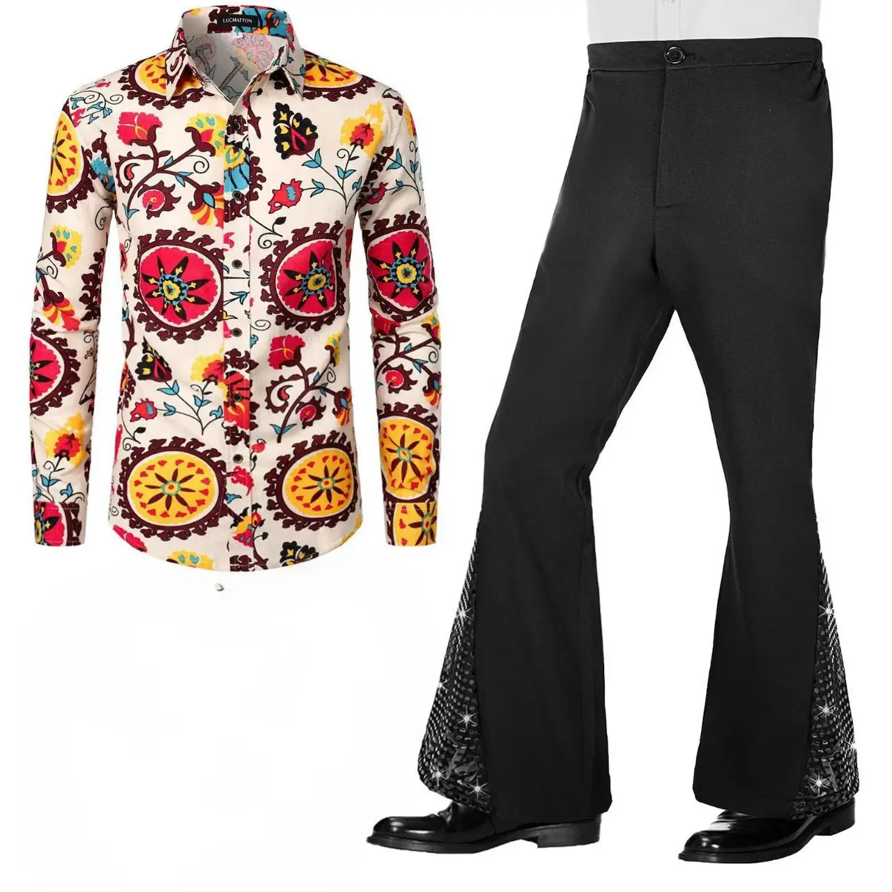 Ensemble chemise et pantalon pattes d'éléphant pour homme, style disco décontracté classique, imprimé années 70, haut avec pantalon évasé, costume de cosplay de carnaval