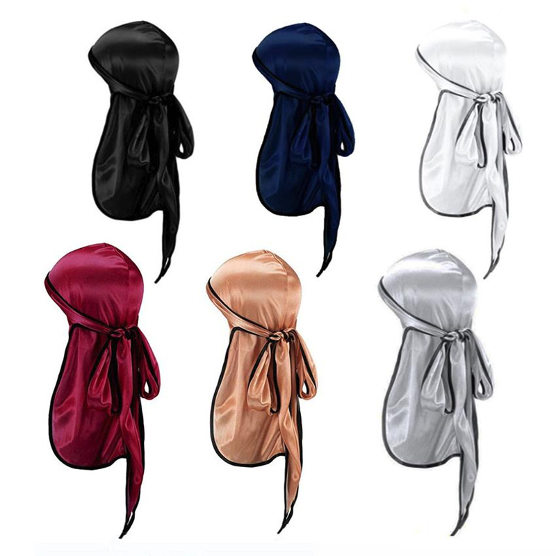Unisexe hommes soyeux Durag noir couture soie Durags Bandanas pour hommes longue queue Doo Du Rag vague casquette