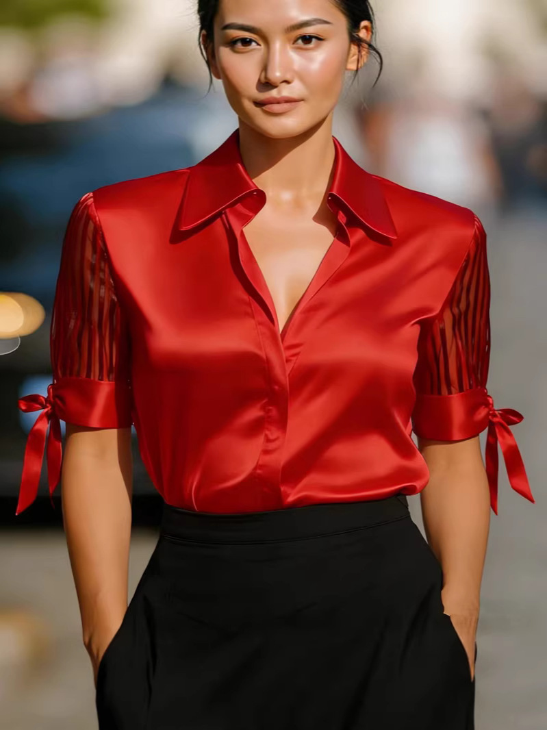 Chemisier en satin pour femme avec panneau transparent rayé et poignets à nœud papillon, élégant, à manches courtes et col en V, idéal pour le bureau, les soirées et le quotidien
