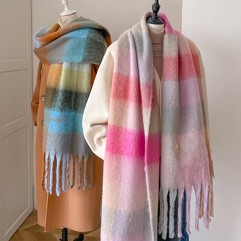 Foulard à carreaux en cachemire pour femme, châle et enveloppe chauds d'hiver, Bandana Pashmina, Long pompon, épais et vierge, nouvelle collection
