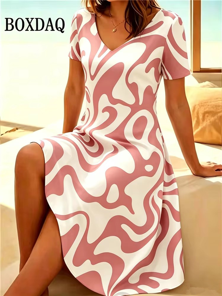Nouvelle Robe Décontractée Femme 2026 à Manches Courtes et Col en V, Motif Peinture Abstraite, Robe d'Été Tendance Grande Taille Coupe Évasée 6XL