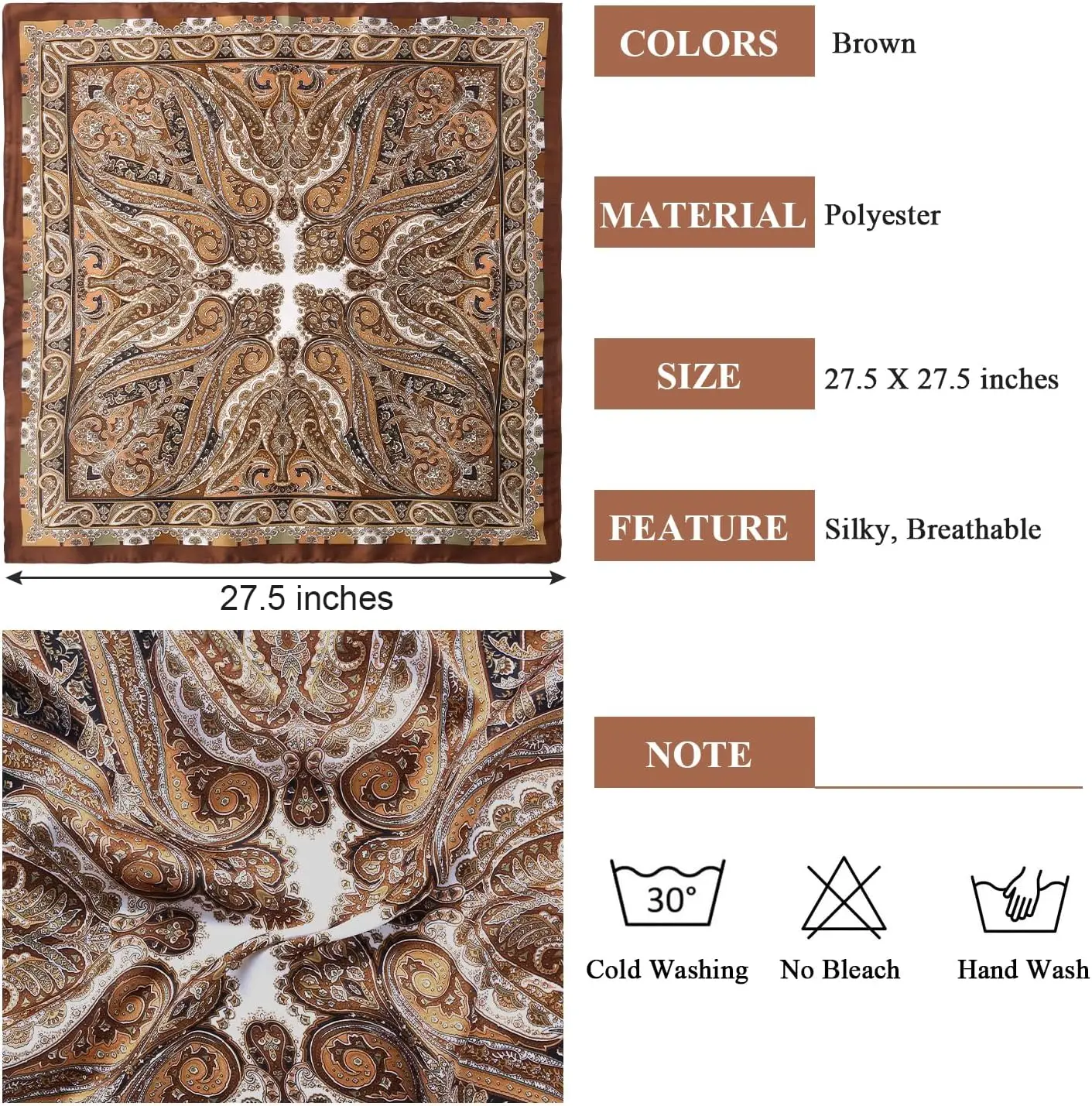 1 pièces 27,5 pouces foulard en satin soie comme écharpe de cheveux tache Bandana enveloppe de cheveux foulard pour les femmes (marron)