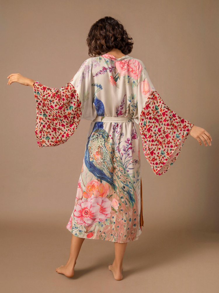 Kimono de plage imprimé Peocock pour femmes, cover-up, robes rondes auto-ceinturées, maillots de bain de bord de mer, vêtements de plage