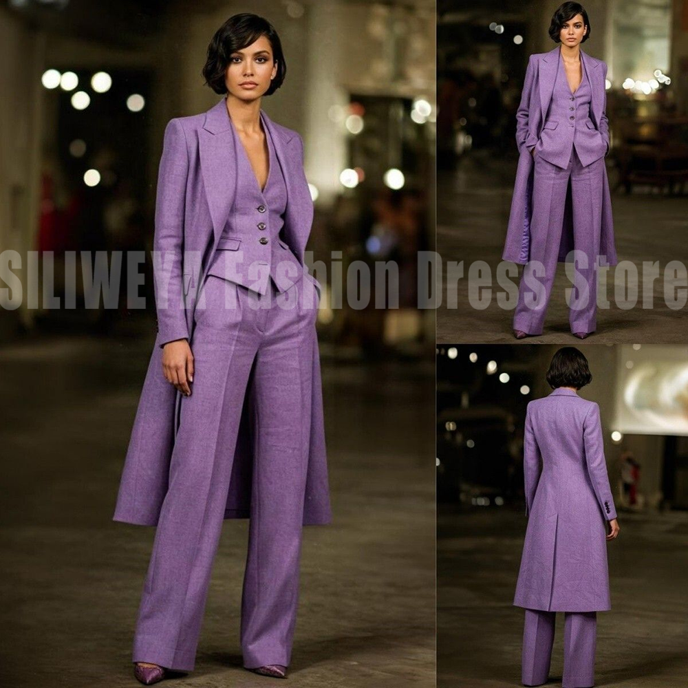 Costume élégant pour femme de couleur violette, décontracté et chic, 3 pièces, manteau long + gilet + pantalon, pantalon de haute qualité, mode boutique, Conjuntos De Mujer