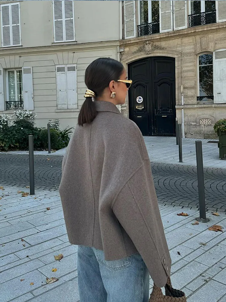 Manteau en laine gris décontracté pour femme, Chic, revers, manches longues, poches à simple boutonnage, veste courte, pardessus de rue, automne