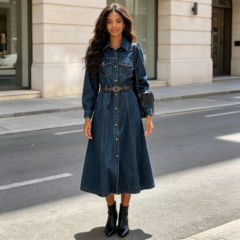 Robe en jean pour femme, coupe trapèze, col rabattu, manches longues, ceinture, longueur mi-longue, élégante, style Y2K, streetwear, pour le travail, Printemps 2026