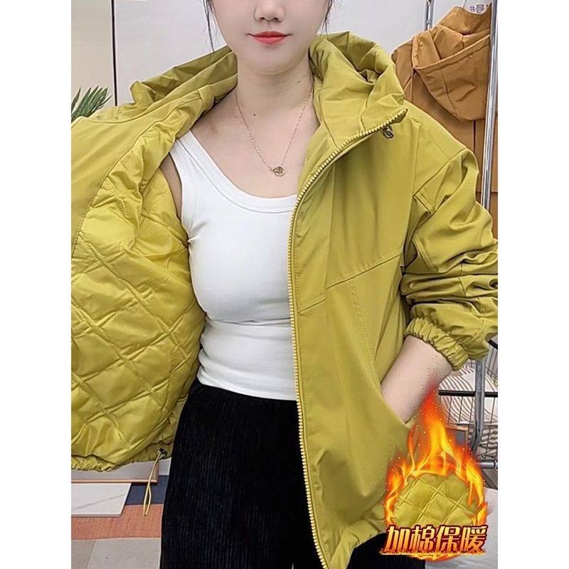 Veste courte rembourrée en coton pour femmes, manteaux épais à capuche avec fermeture éclair et cordon de serrage, veste thermique en peluche, coupe-vent d'extérieur pour Camping
