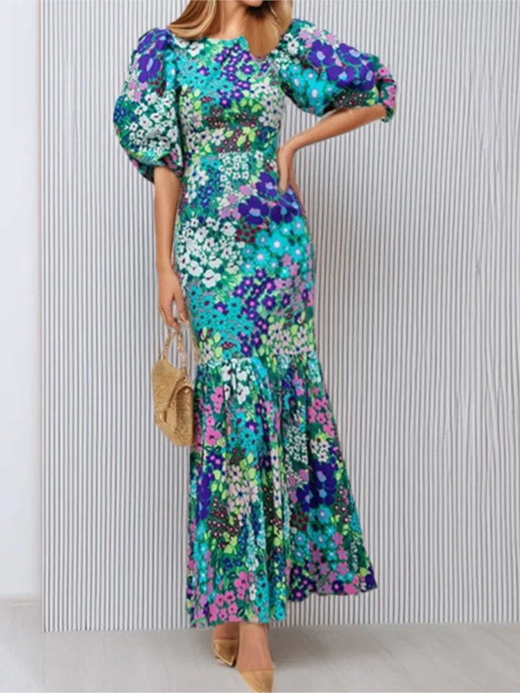 Robe imprimée à la mode pour femmes, décontractée, col rond, manches bouffantes, taille haute, vêtements de fête élégants, nouvelle collection été