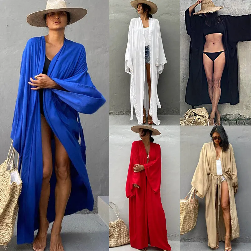 Robe de Plage Longue avec Ceinture pour Femme, Kimono Sexy, Cardigan d'Été, 5 Couleurs Unies