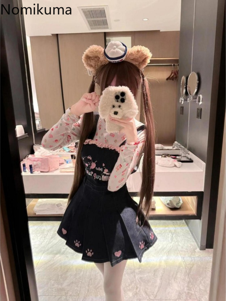 Vêtements japonais pour femmes, tenue douce, ensemble 2 pièces, col rond imprimé, t-shirt à manches longues, taille Slim, robes plissées, costume doux