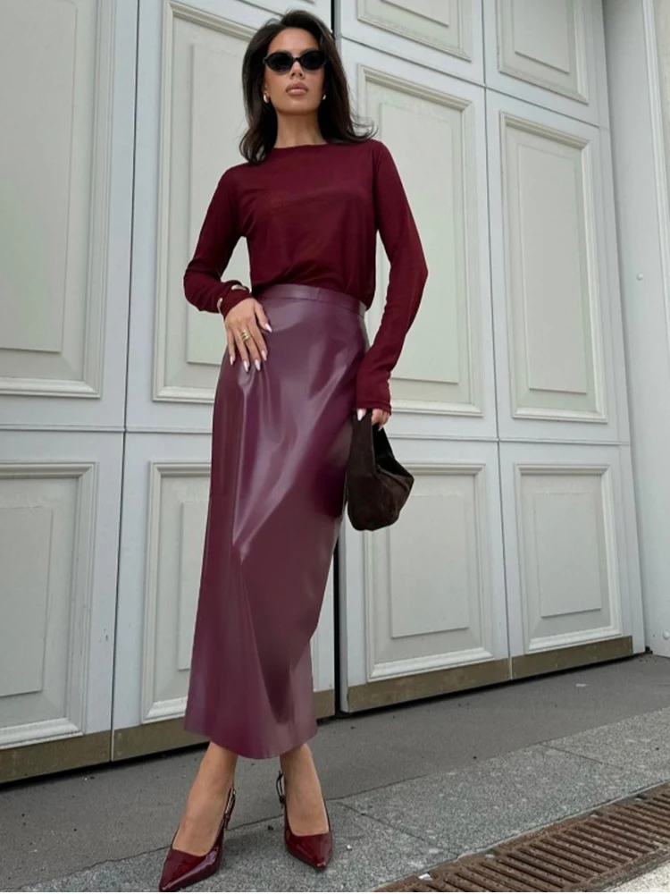 Jupe longue en cuir pour femmes, décontractée, bordeaux, fente au dos, Slim, élégante, taille haute, moulante, nouvelle collection printemps automne 2026