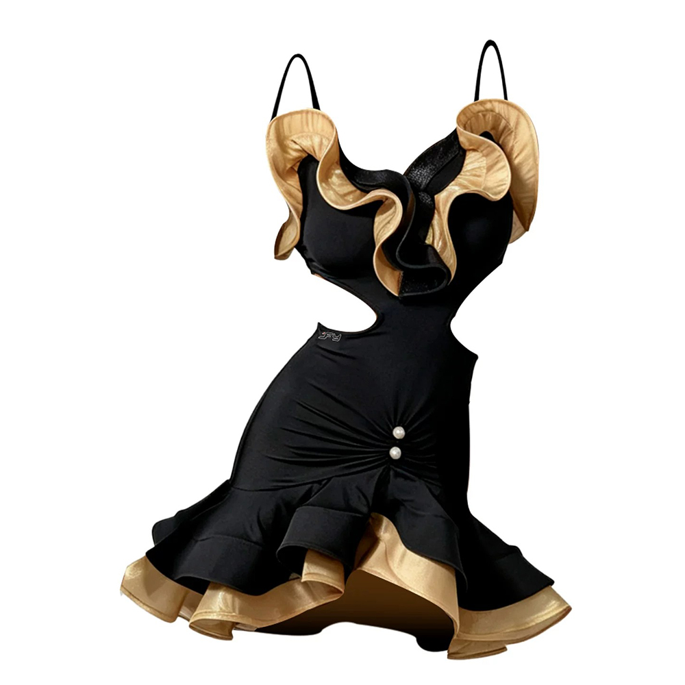 Nouvelle Robe de Danse Latine 2026 pour Femme, Volants et Découpes, Costume de Compétition Cha Samba Rumba, Tenue de Compétition Salsa Sans Manches