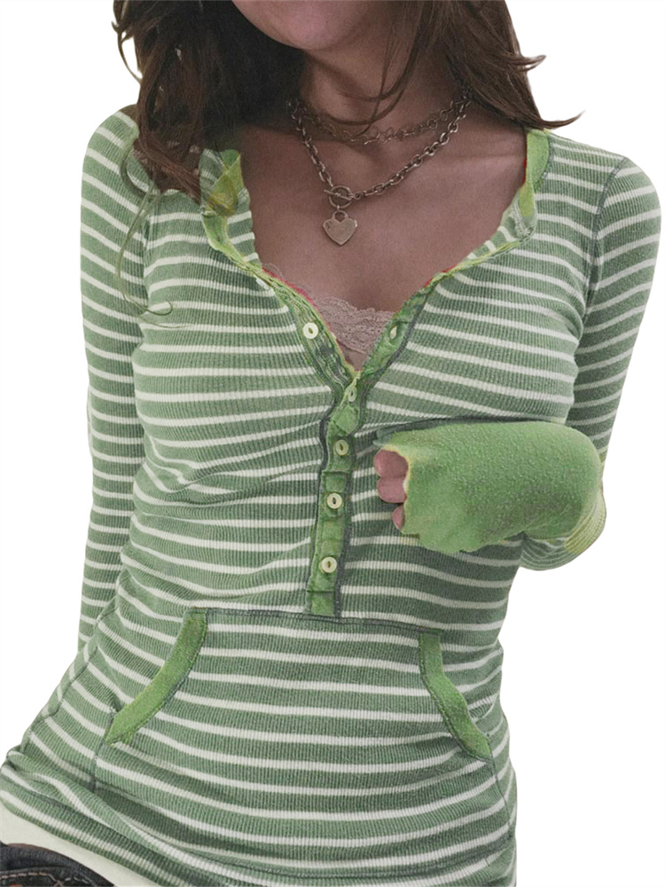 T-shirt en tricot rayé à manches longues pour femmes, chemises à col boutonné, esthétique des années 2000, grunge gothique décontracté, Y2K, automne