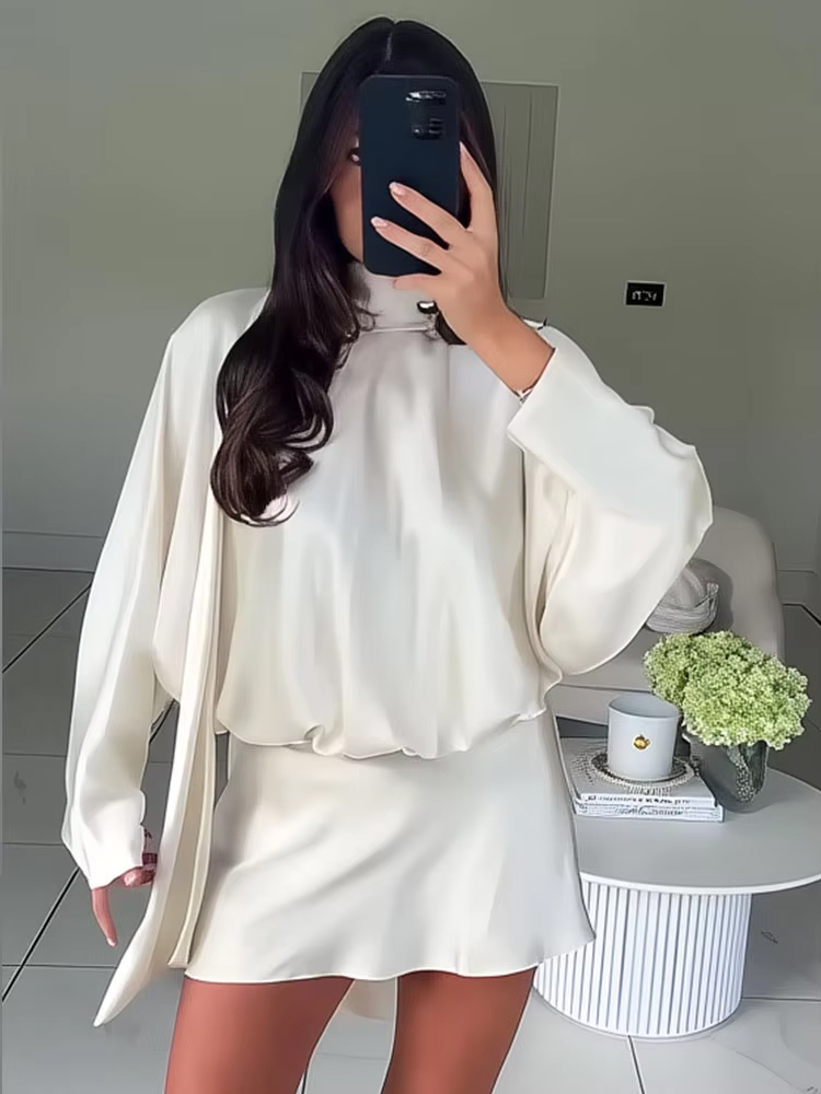 HH femmes mode soie Satin Texture écharpe conception nœud papillon robe femme élégante Simple col haut à manches longues tenue décontractée Mujer