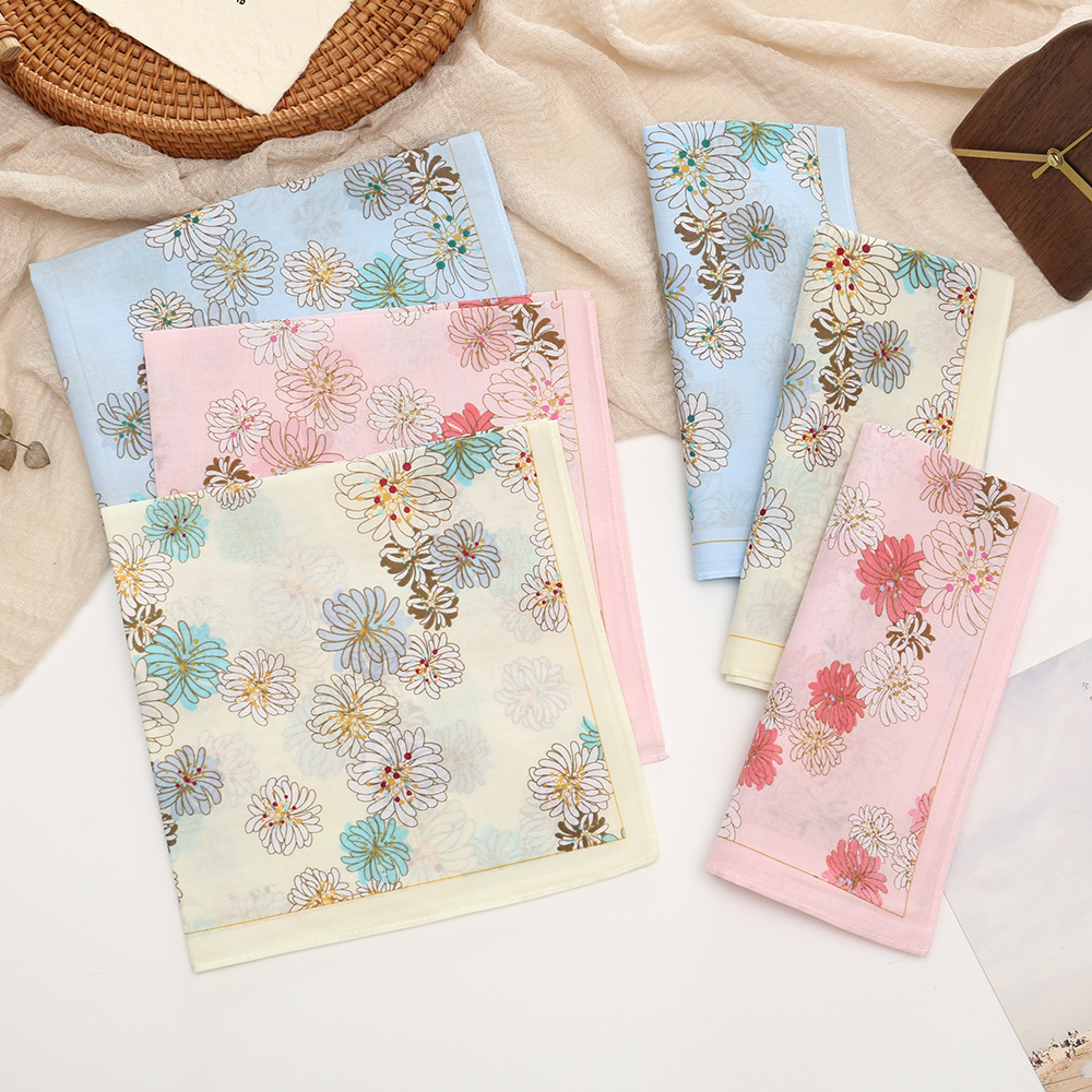 Mouchoir carré en coton floral de style japonais de 43 cm, fin, respirant, imprimé dégradé, pour femmes