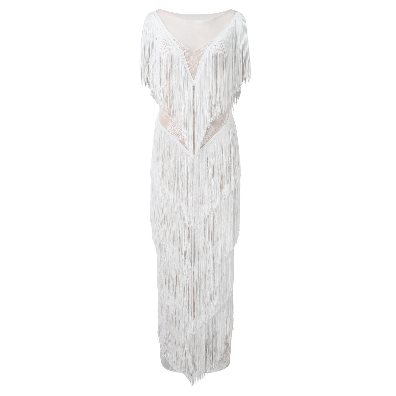 Robe longue à franges pour femmes, col en V profond, plume, pompon, fibre, élégante, fête, sexy, éducatif, été