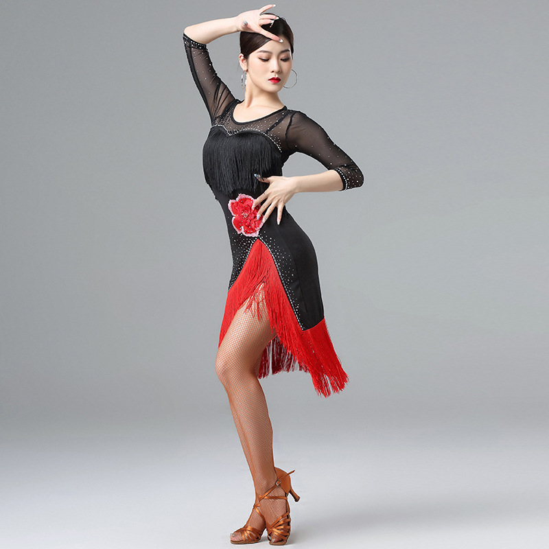 Robe de Salle de Bal en Maille Extensible pour Femme, Vêtements de brev, Costume de Samba, Diamant, Glands de ix, Latin, Broderie, 1 Pièce