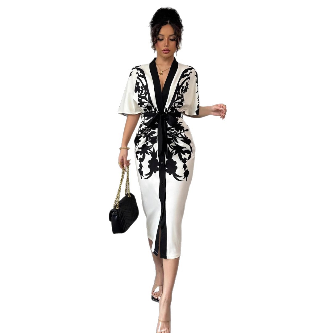 Nouvelle Robe Midi Femme 2026 Imprimée Fleurs avec Taille Nouée pour Soirée et Cérémonie, Manches Mi-Longues, Col en V, Coupe Trapèze pour le Bureau