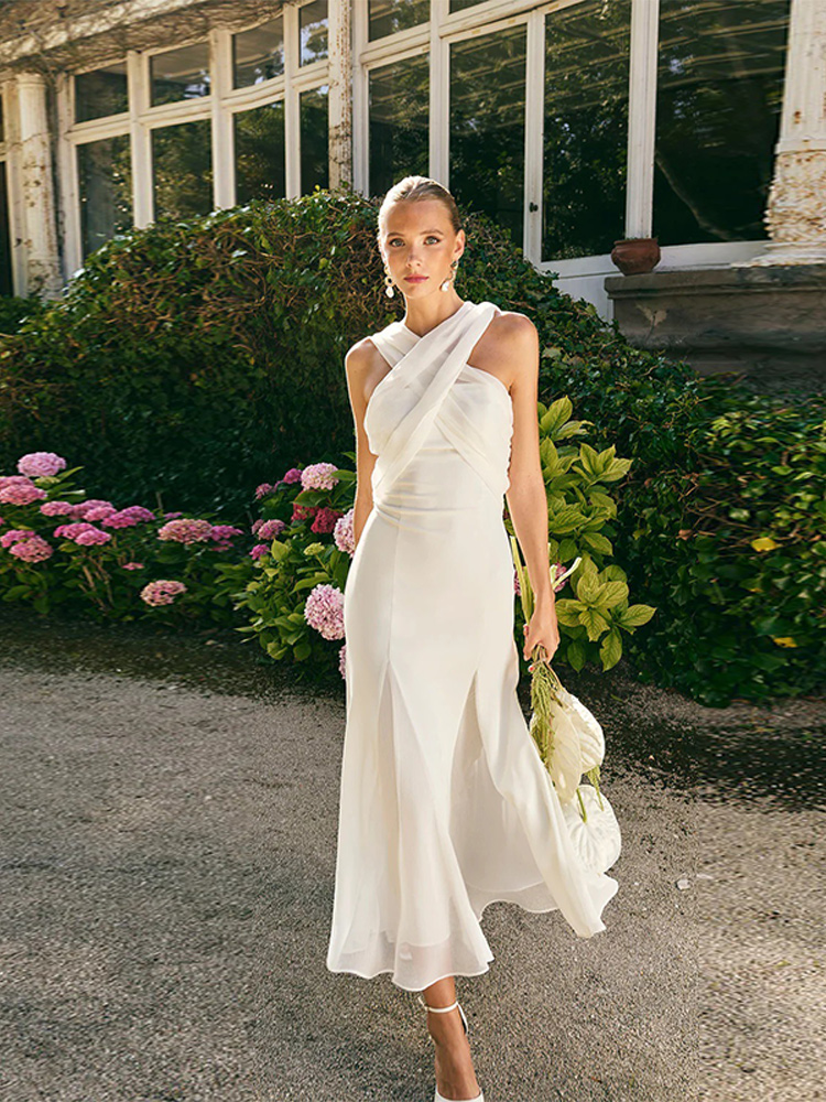 Robe de soirée longue élégante pour femmes, couleur unie, sans manches, dos nu, taille cintrée, robes de soirée Chic, printemps été
